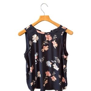 Loft Gray Floral Sleeveless Keyhole Tie Back Top Medium